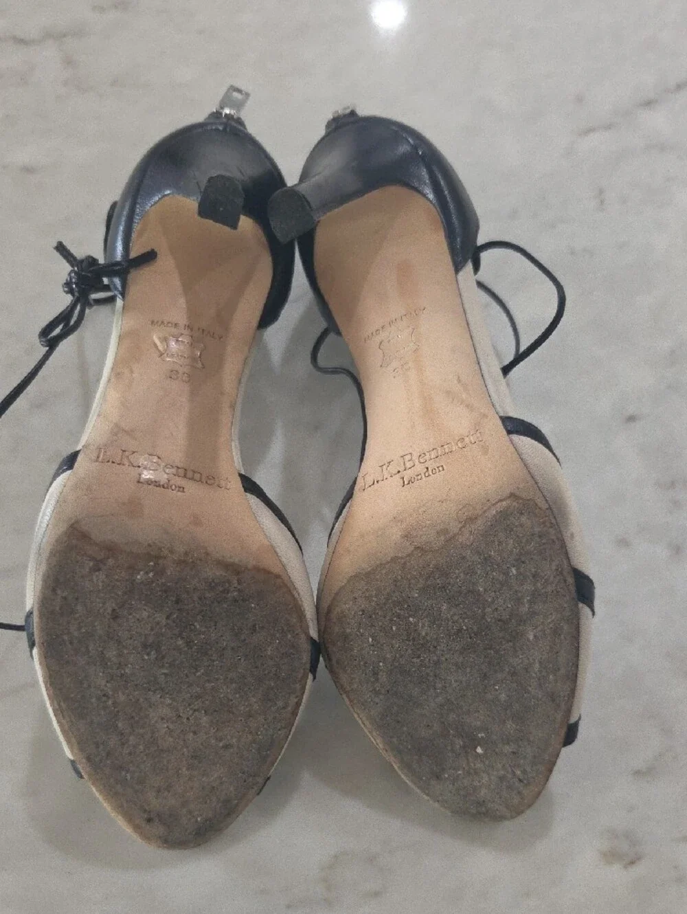 LK Bennett Black and Cream Lace-Up Open-Toe Heels